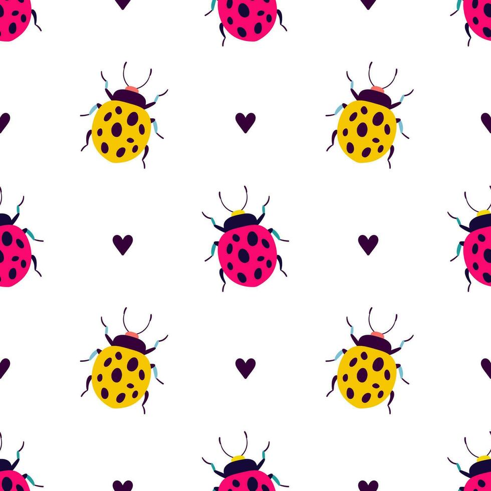 Funny ladybugs with hearts. Seamless pattern with cartoon elements. vector