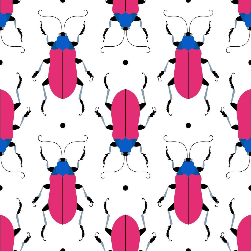 Big pink bugs with black dots. Seamless pattern with cartoon elements. vector