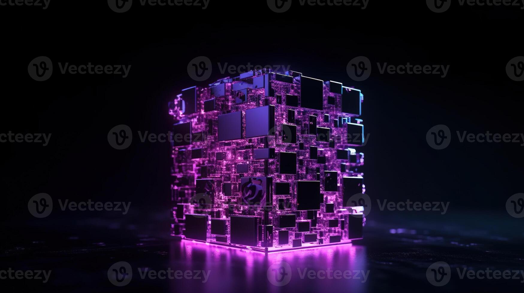 3d rendering of black cubes with purple neon lights on black background. photo