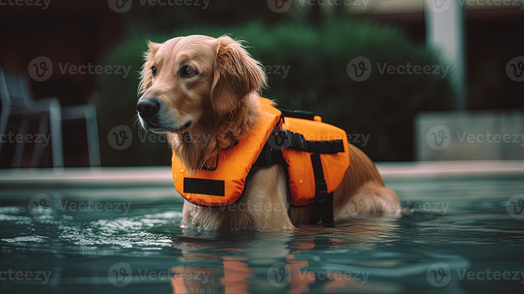 cute golden retriever swimming in swimming pool with orange life jacket. photo