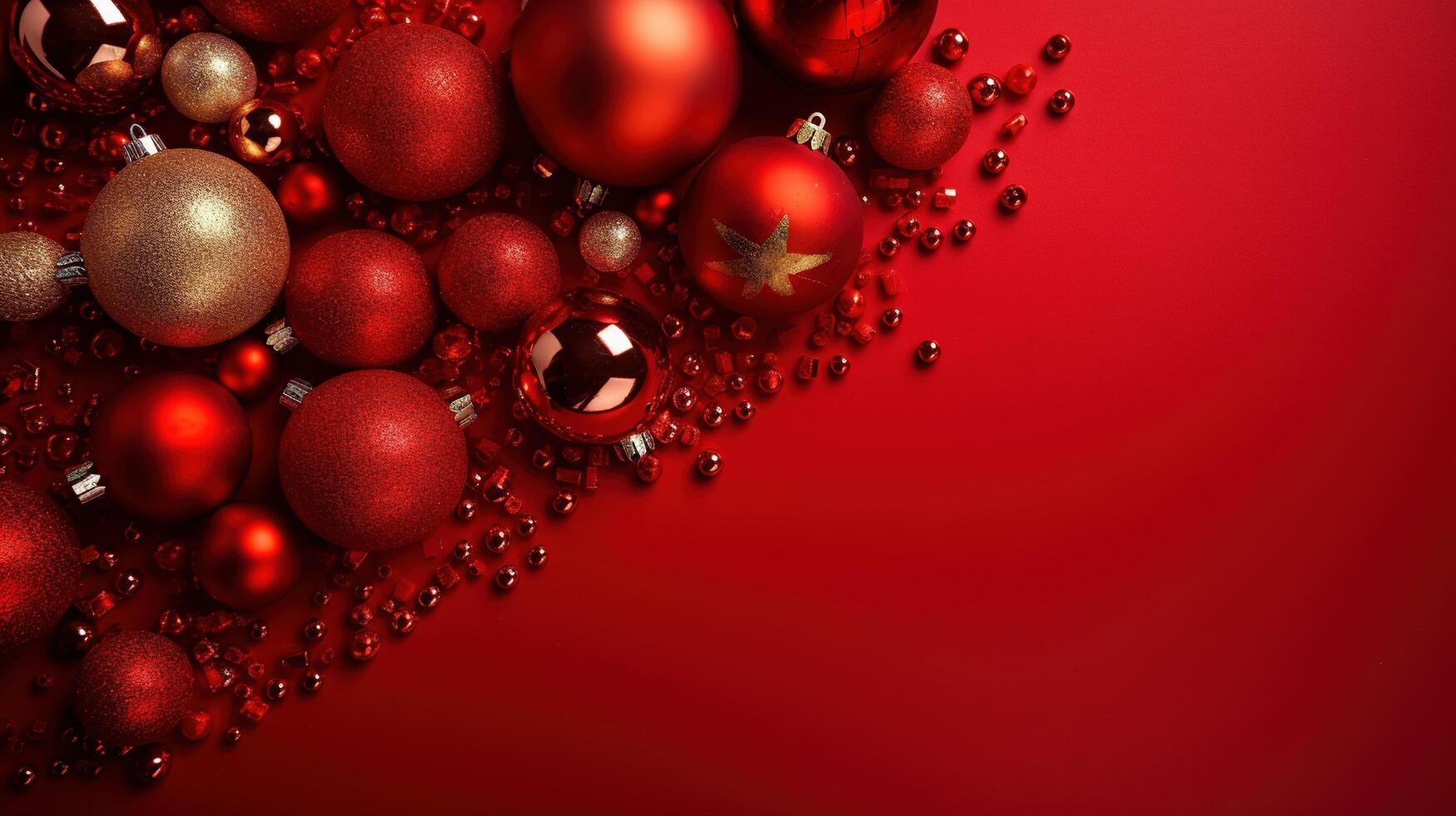 Christmas baubles on red background with copy space for your text. photo