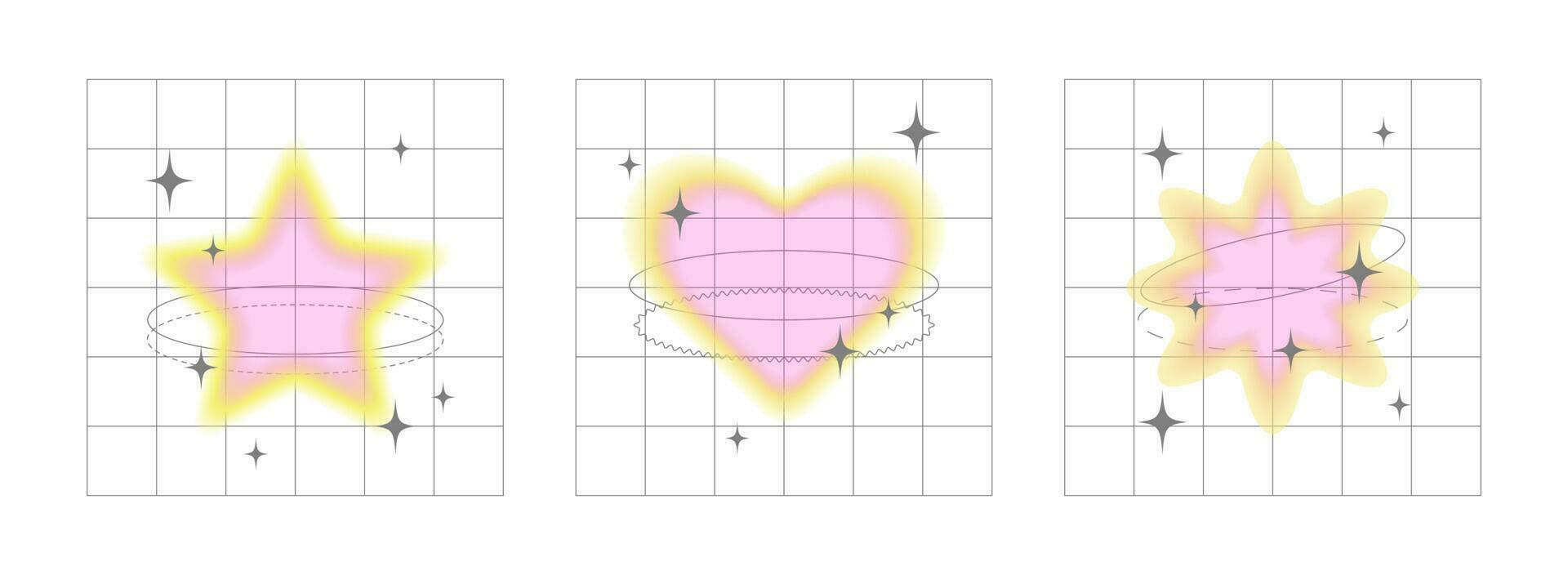 Blurred multicolored heart, star, flower. y2k style elements with different geometric shapes vector