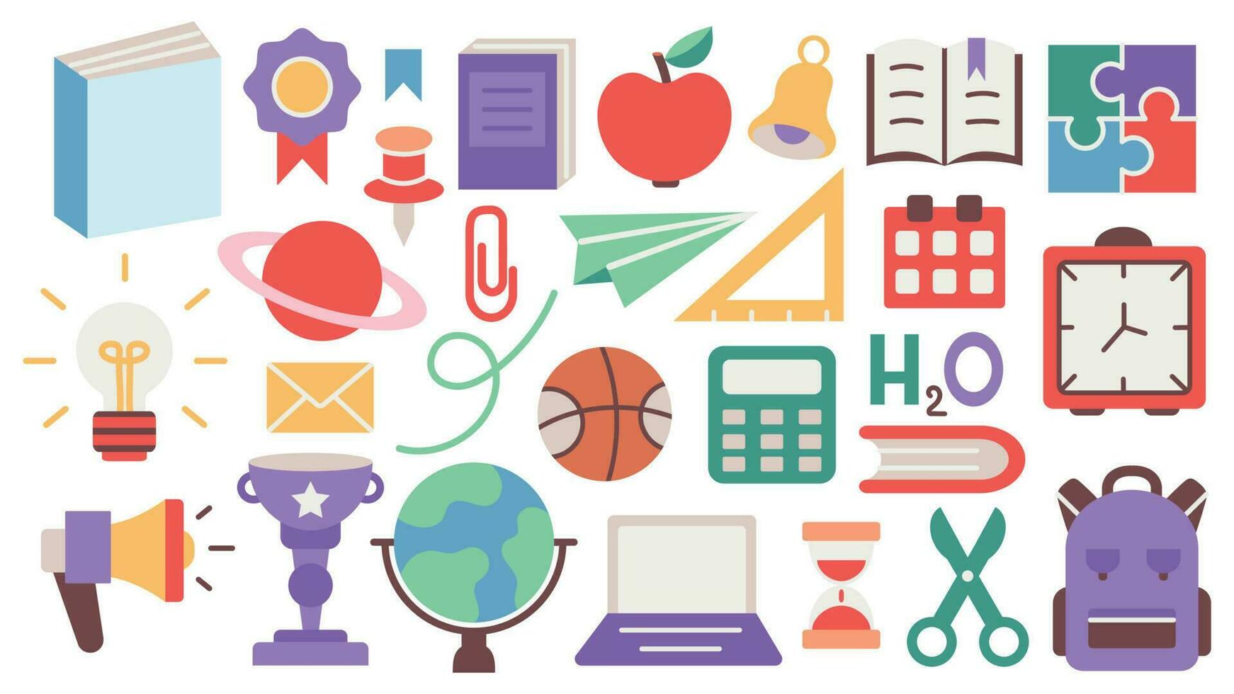 Back to school. A set of flat icons of stationery for studying at school. Collection of isolated education colorful kids accessory. vector object stuff design. cartoon graphic patch element children