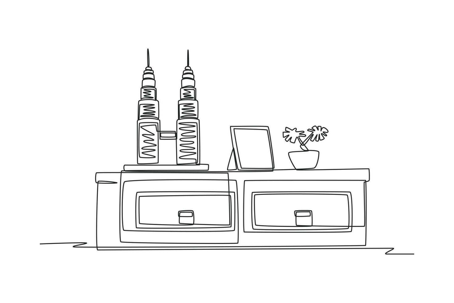 Continuous one line drawing modern building displays for living room. Interior concept. Single line draw design vector graphic illustration.