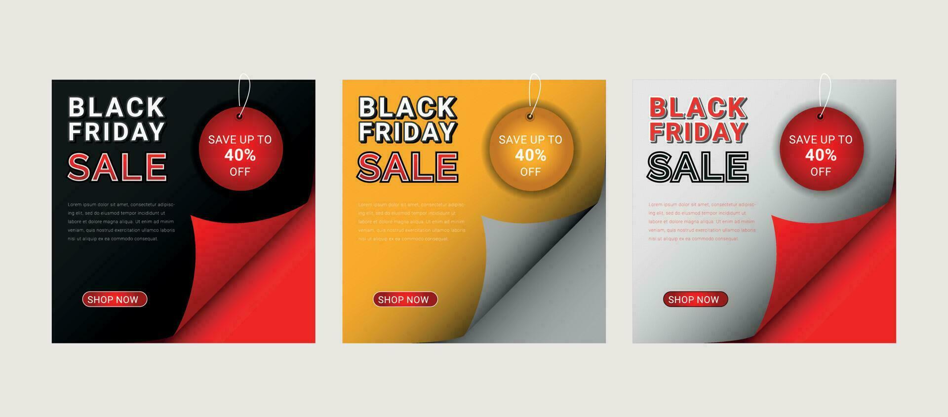 Black Friday sale promo posters. Dark background with black and red balloons for seasonal discount offer, social media premium vector template set