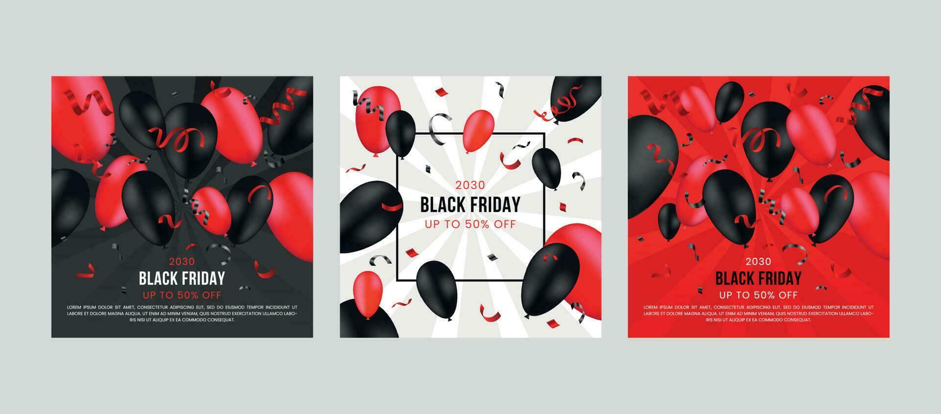 Black Friday sale promo posters. Dark background with black and red balloons for seasonal discount offer, social media premium vector template set