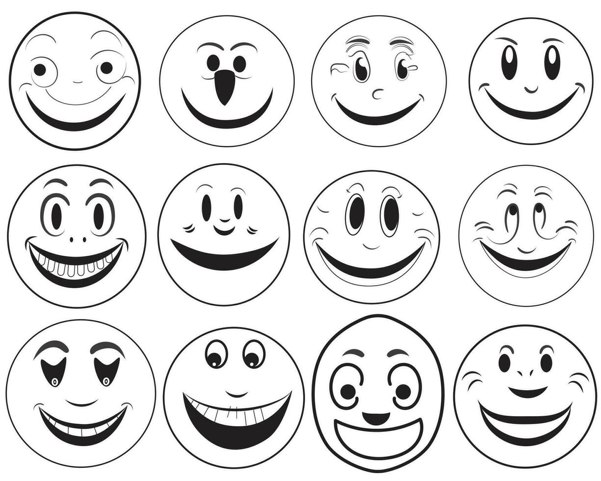 a set of emoji doodle icons that depict various emotions and moods, such as happiness, sadness, smiling, and humor, in the form of emoji faces. vector