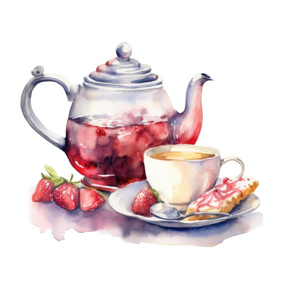 acuarela té con tetera. ilustración ai generativo foto