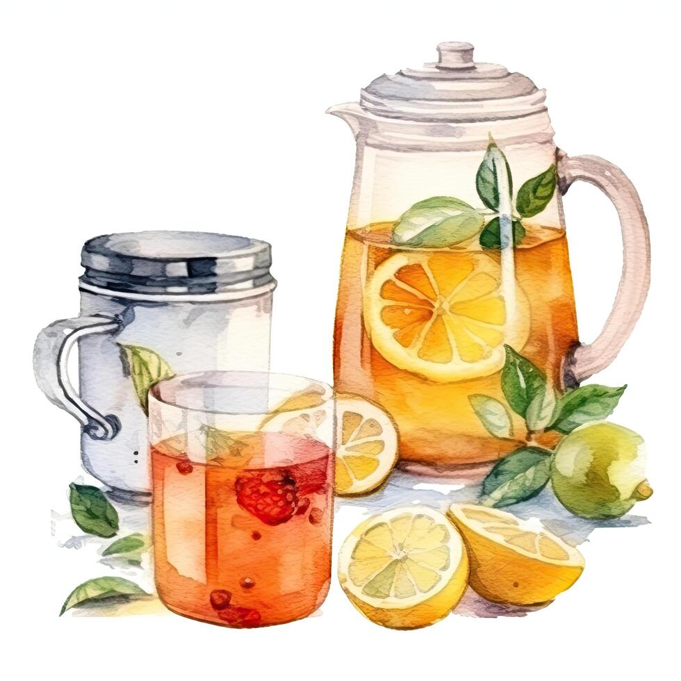 Watercolor tea with teapot. Illustration photo