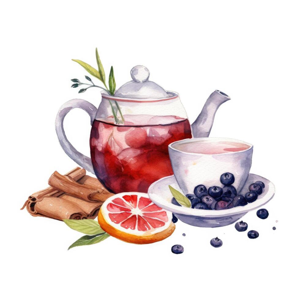 Watercolor tea with teapot. Illustration photo