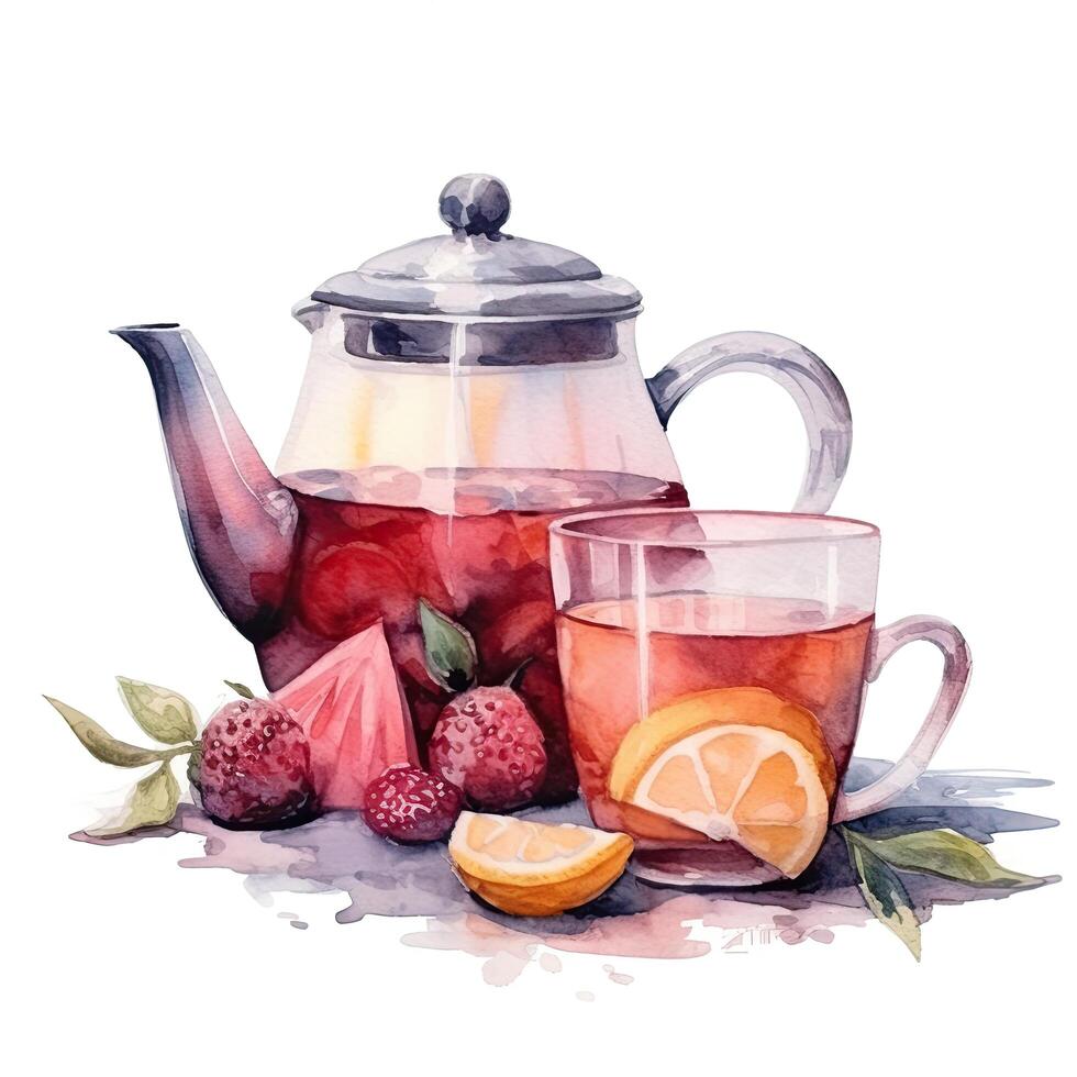 Watercolor tea with teapot. Illustration photo
