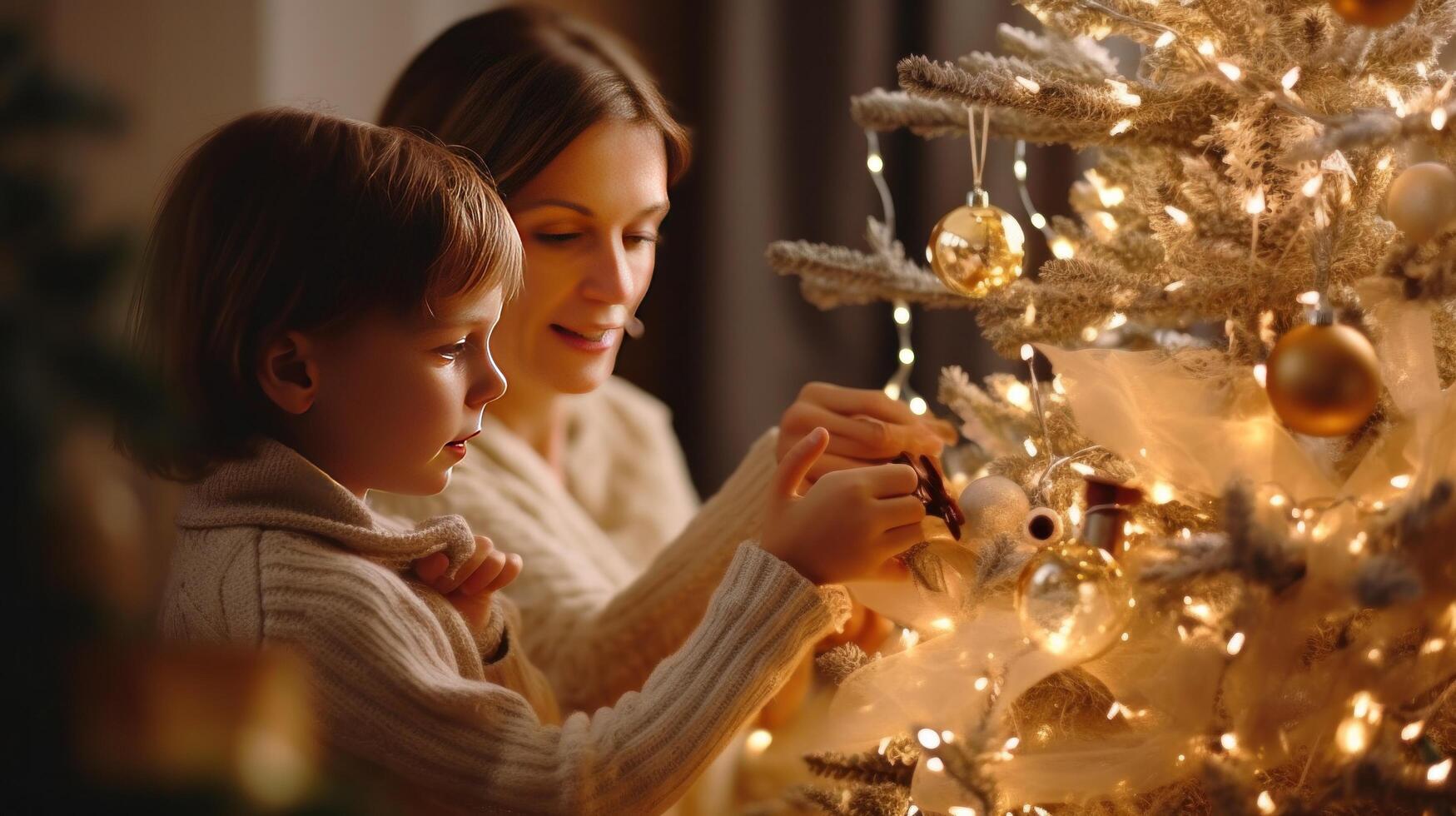 familia decoración Navidad árbol. ilustración ai generativo foto