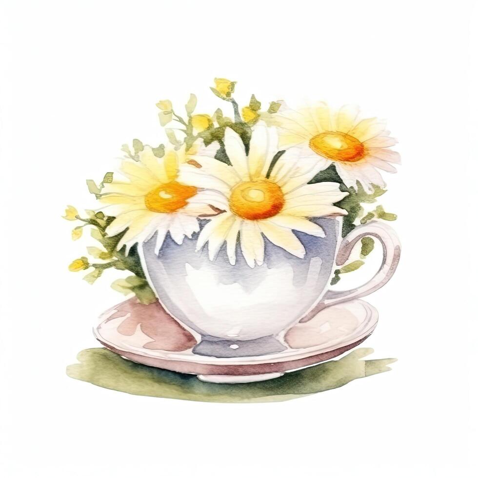 Watercolor chamomile tea. Illustration photo