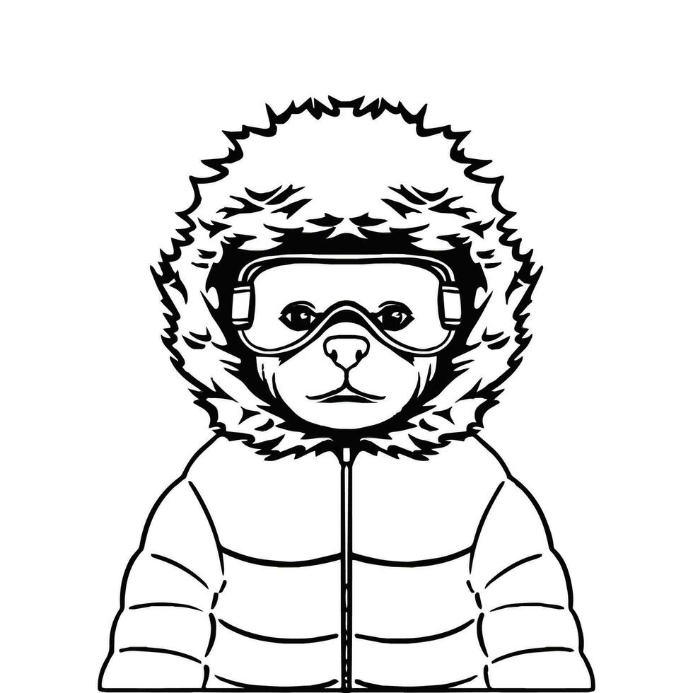 Vector illustration outline black of a bear snowboarder in a winter jacket and goggles