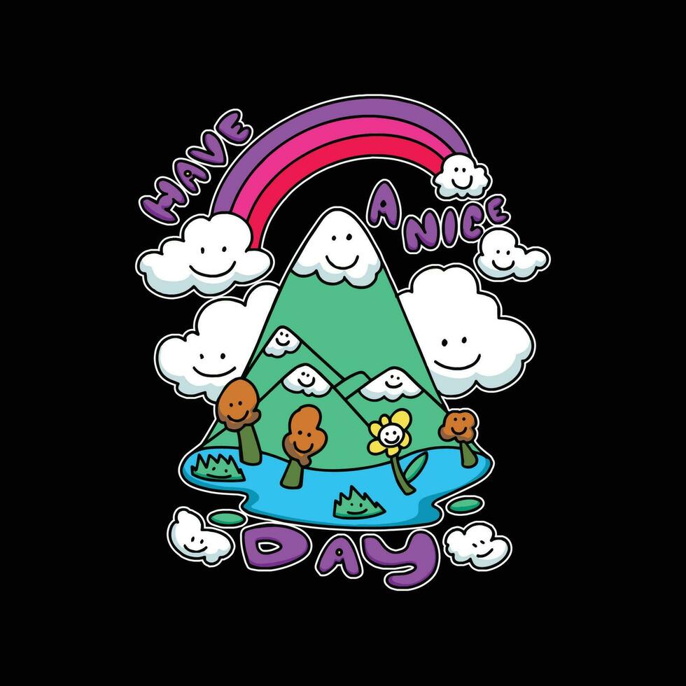 Hand drawn doodle vector illustration of a mountain, clouds and rainbow.