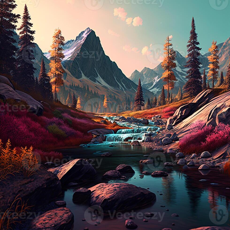 An illustration featuring colorful geometric mountains and forest photo