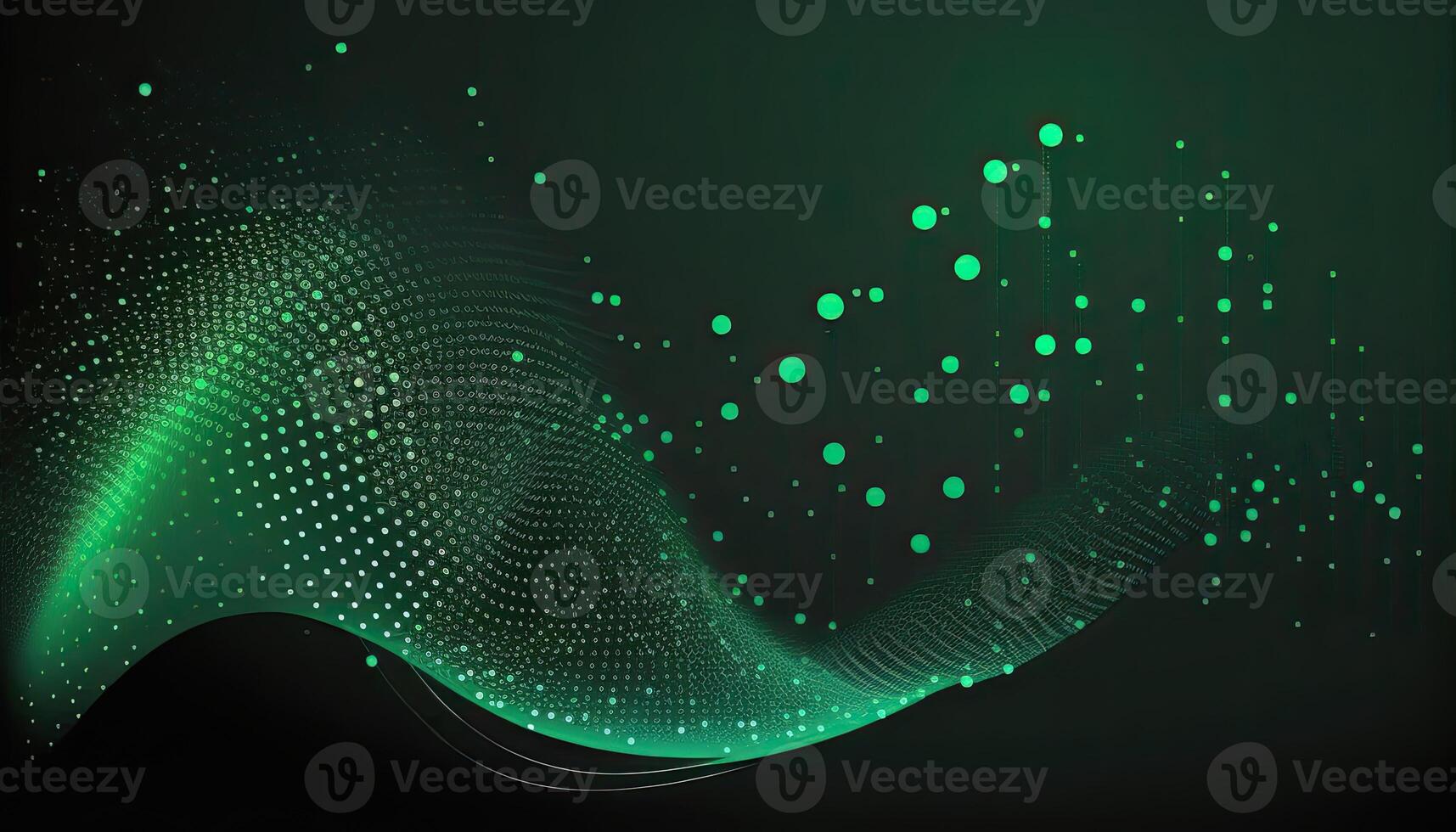 Abstract Background of Connected Green Dots or Points, Cyber Particle Waves. Big Data Stream. . photo