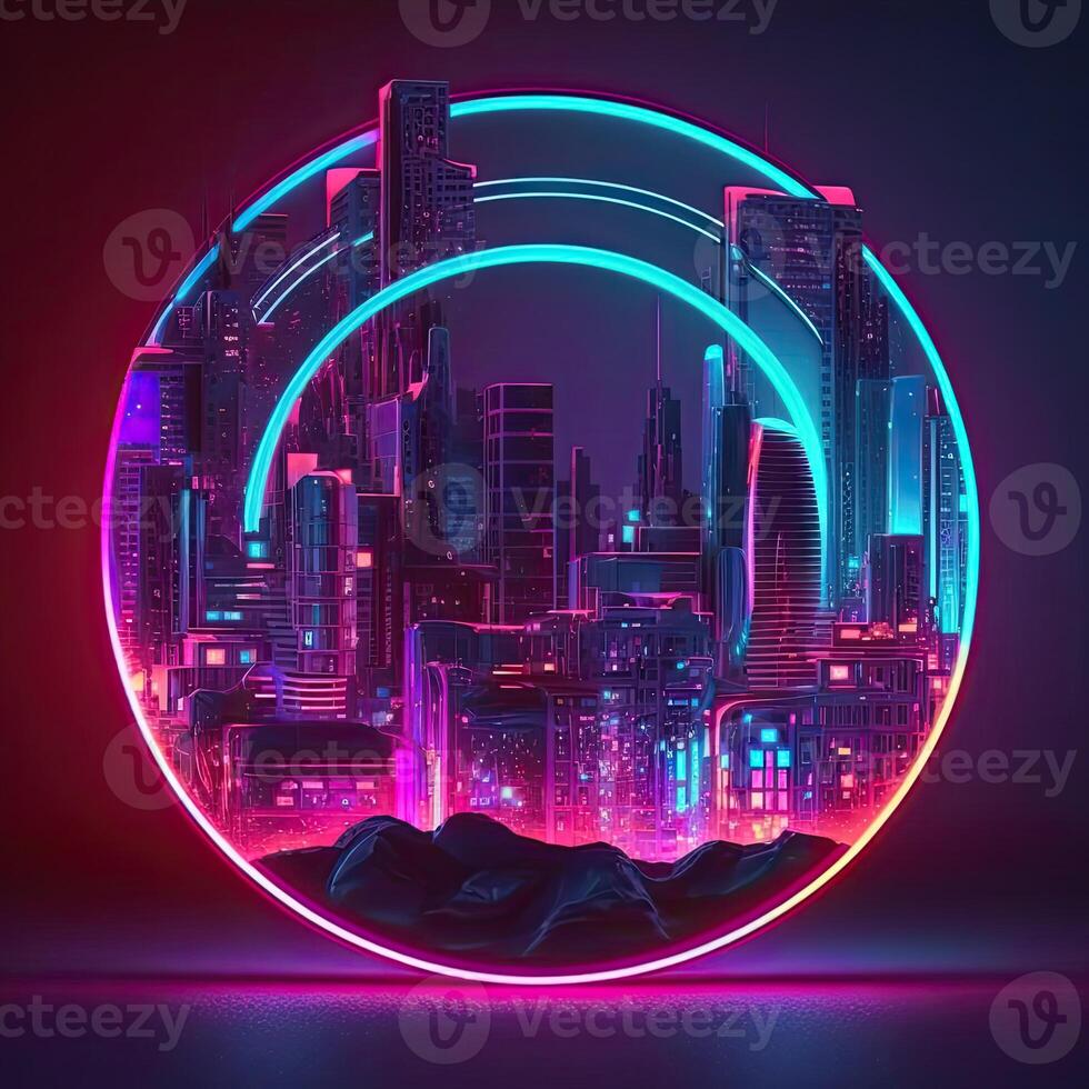 Futuristic of neon glowing in circular shape, cityscape. Cyberpunk in buildings view with digital design. . photo