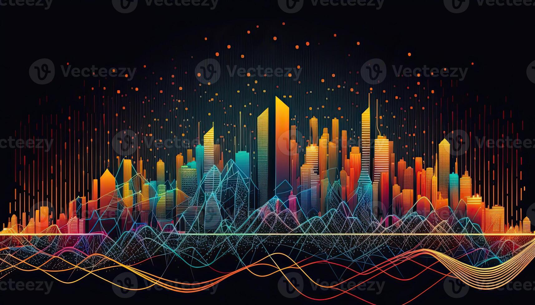 Futuristic smart cities, abstract dots, gradient lines, and aesthetic all work together. Complex wave lines with the idea of a huge data link. . photo