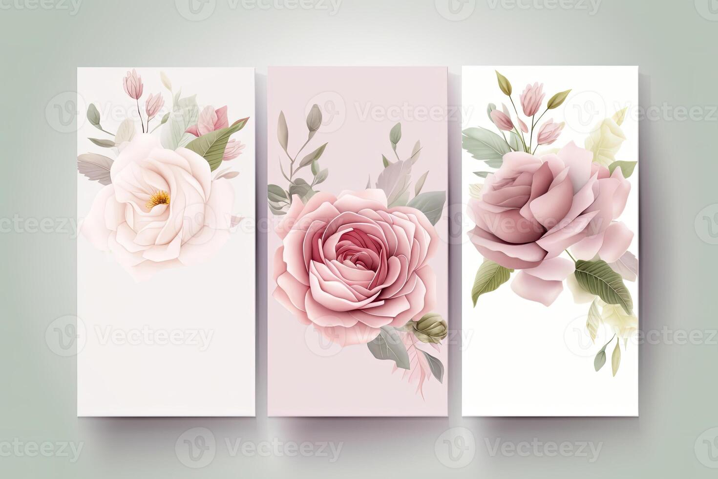 Flowers roses drawing, decorated paper background, vertical banners collection for invitation, spring and wedding card, copy space at center. photo