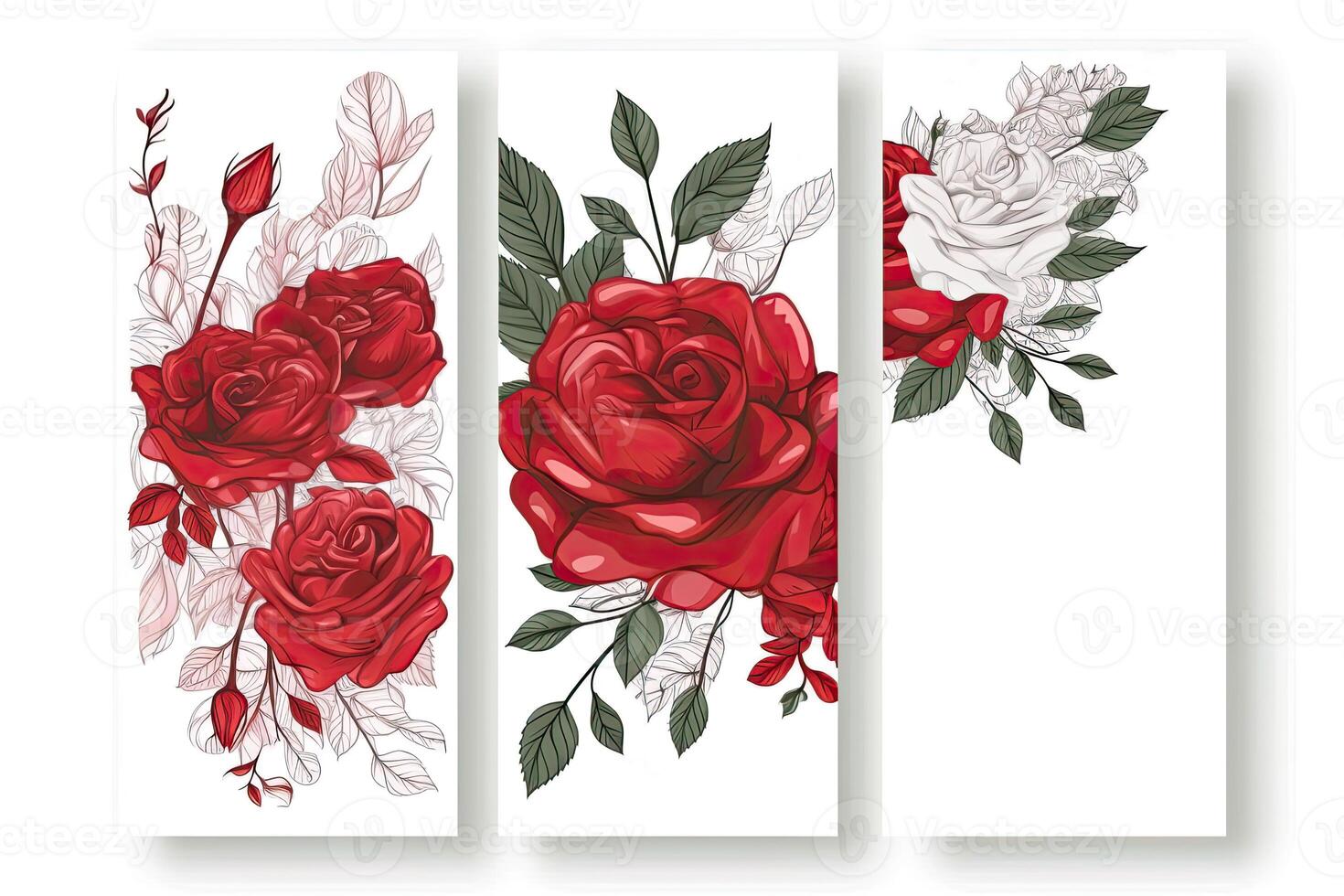 Flowers roses drawing, decorated paper background, vertical banners collection for invitation, spring and wedding card, copy space at center. photo
