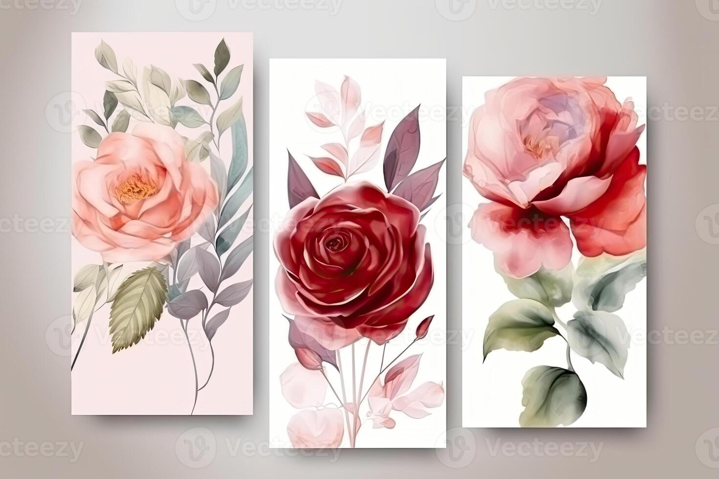 Watercolour roses flowers drawing, decorated paper background, vertical banners collection for invitation, spring and wedding card, copy space at center. photo