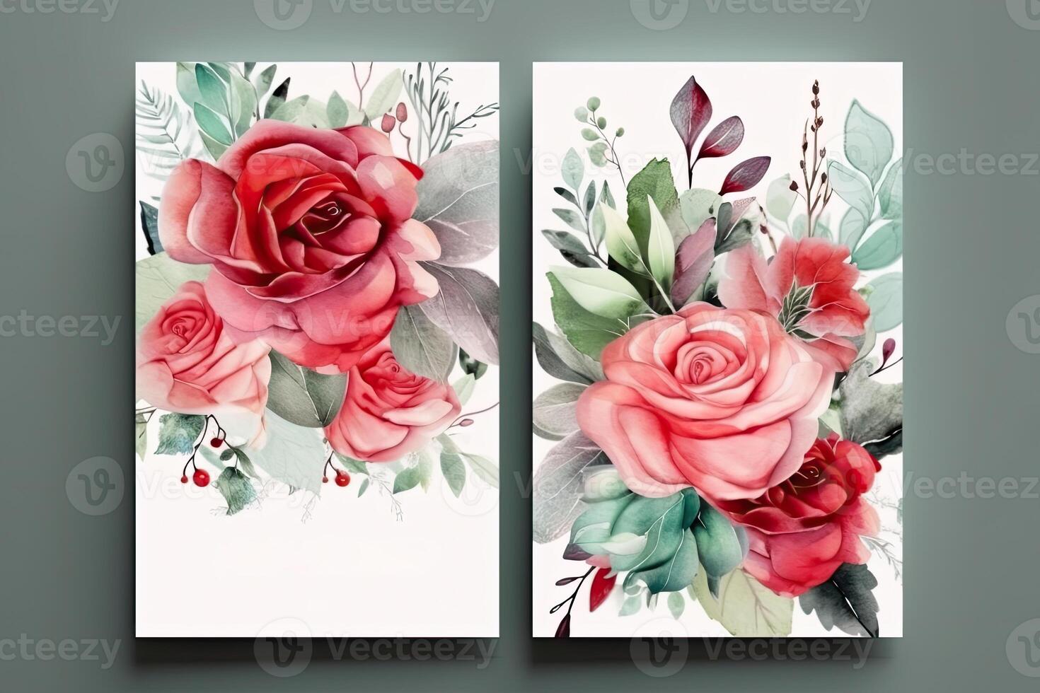 Watercolour roses flowers drawing, decorated paper background, vertical banners collection for invitation, spring and wedding card, copy space at center. photo