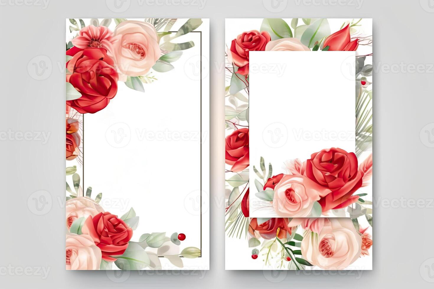 Watercolour roses flowers drawing, decorated paper background, vertical banners collection for invitation, spring and wedding card, copy space at center. photo