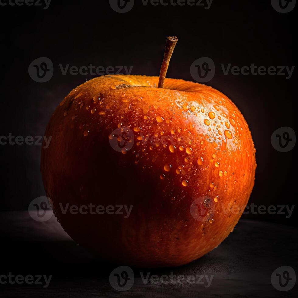 Striking Photography of Delicious Red Apple with Water Drops on Dark Background, . photo