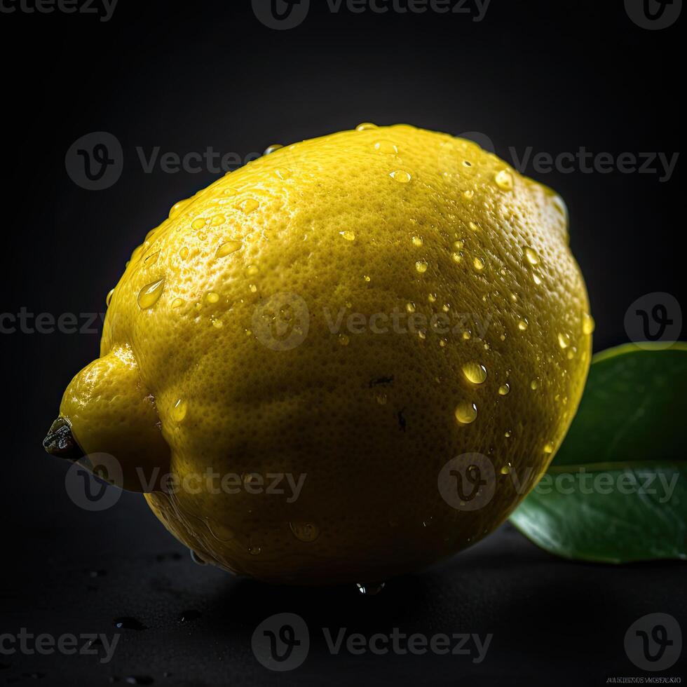 Striking Photography of Yellow Ripe Lemon with Water Drops on Dark Background, Generative AI. photo