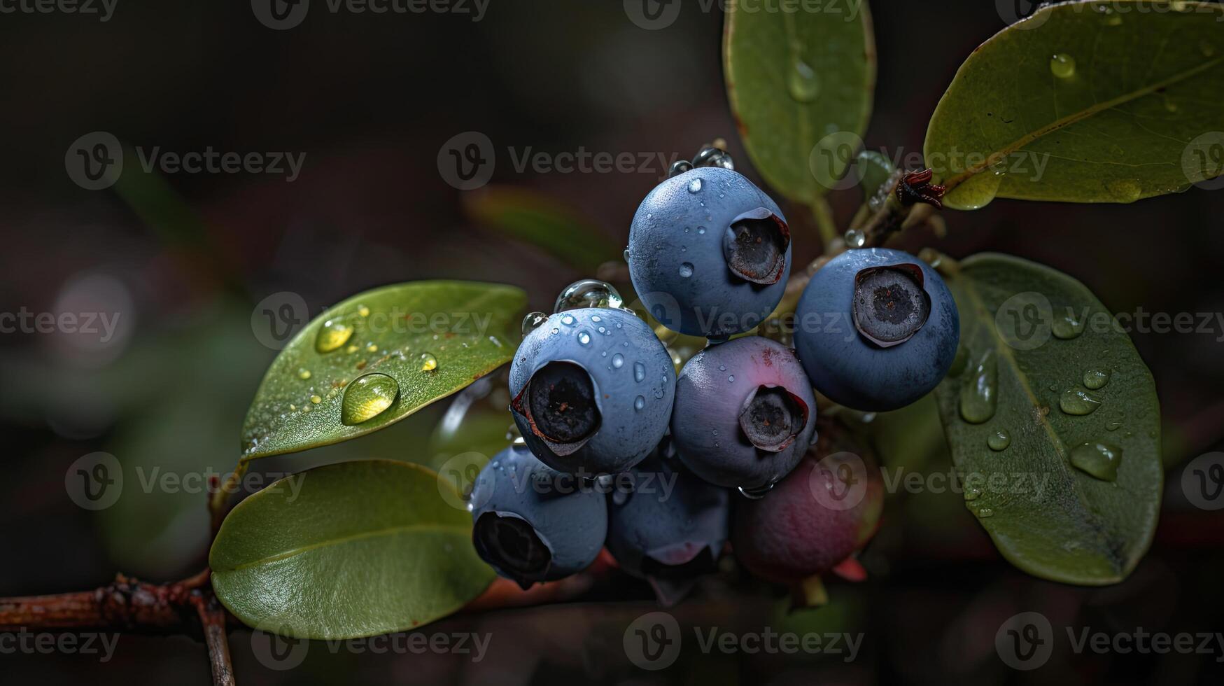 A Captivating Photograph that Highlight Unique Background of Fresh Blueberries on Branch with Water Droplets, Created By Technology. photo