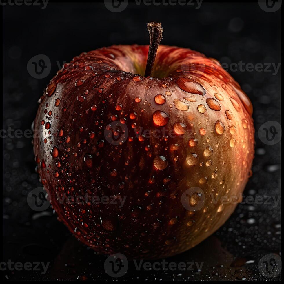 Striking Photography of Delicious Red Apple with Water Drops on Dark Background, . photo
