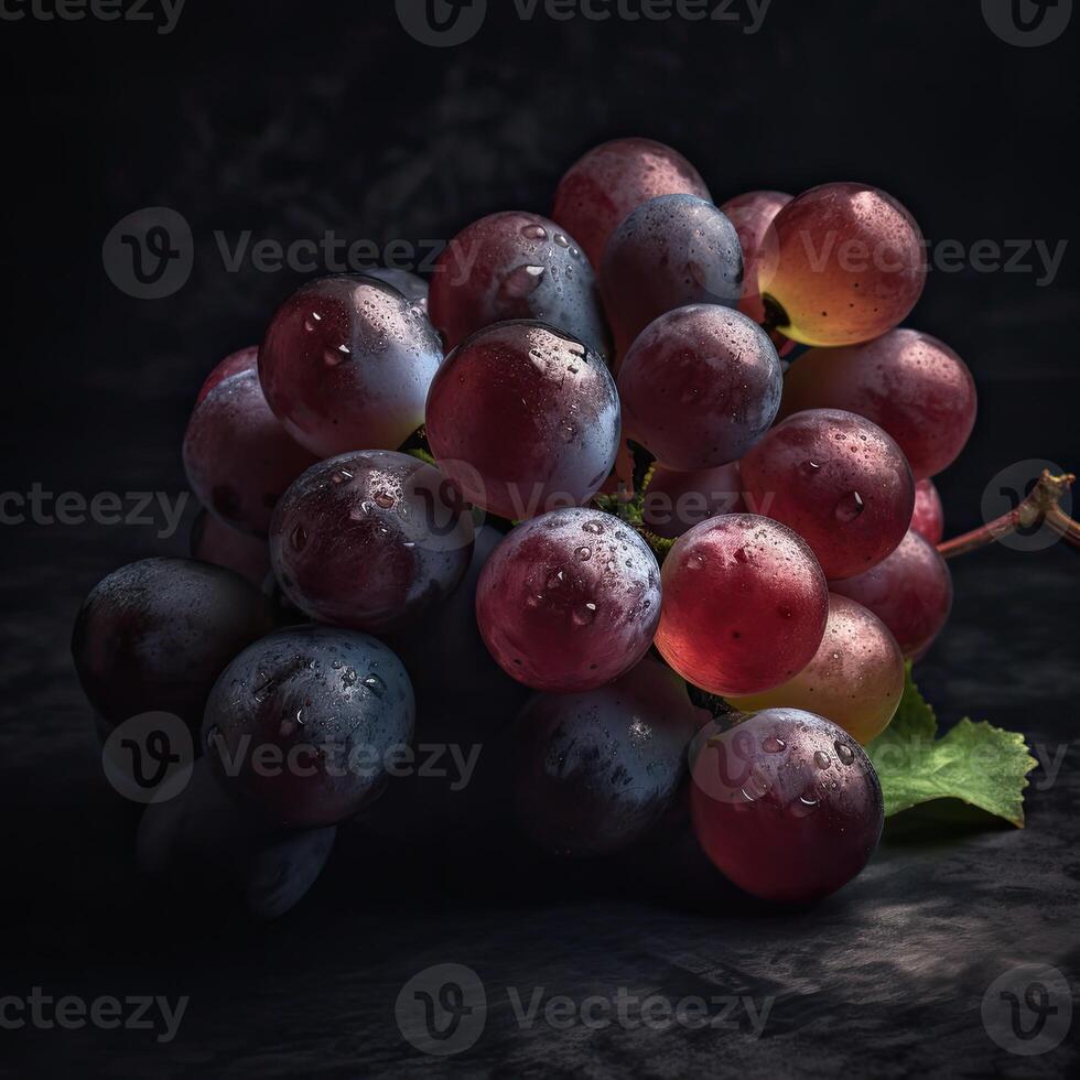 sorprendentes fotografía de negro uvas con agua gotas en oscuro fondo, generativo ai. foto