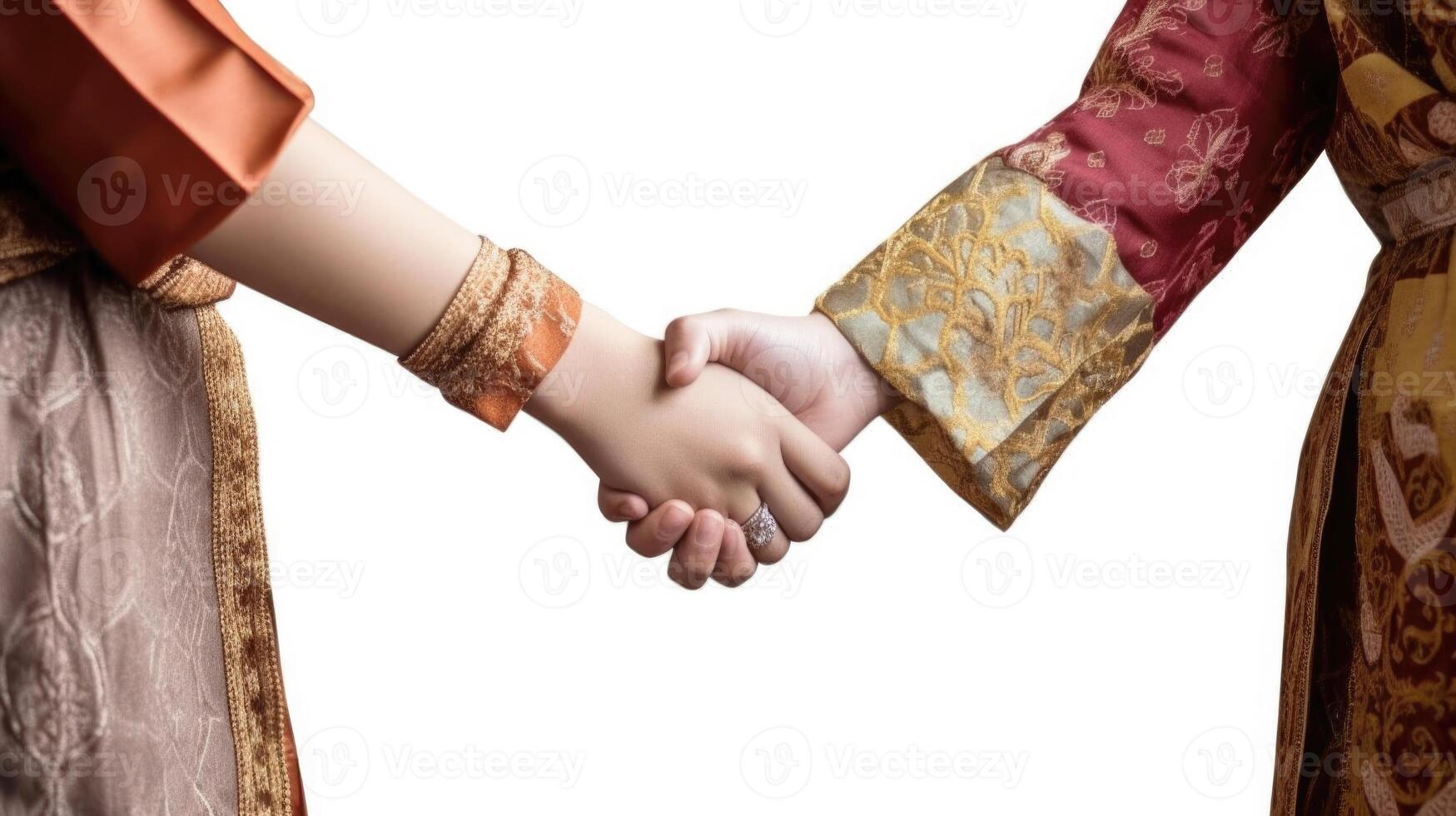Closeup View of Two Cultural Girls Shaking Hands and Wear Floral Ethnic Dress. Illustration. photo