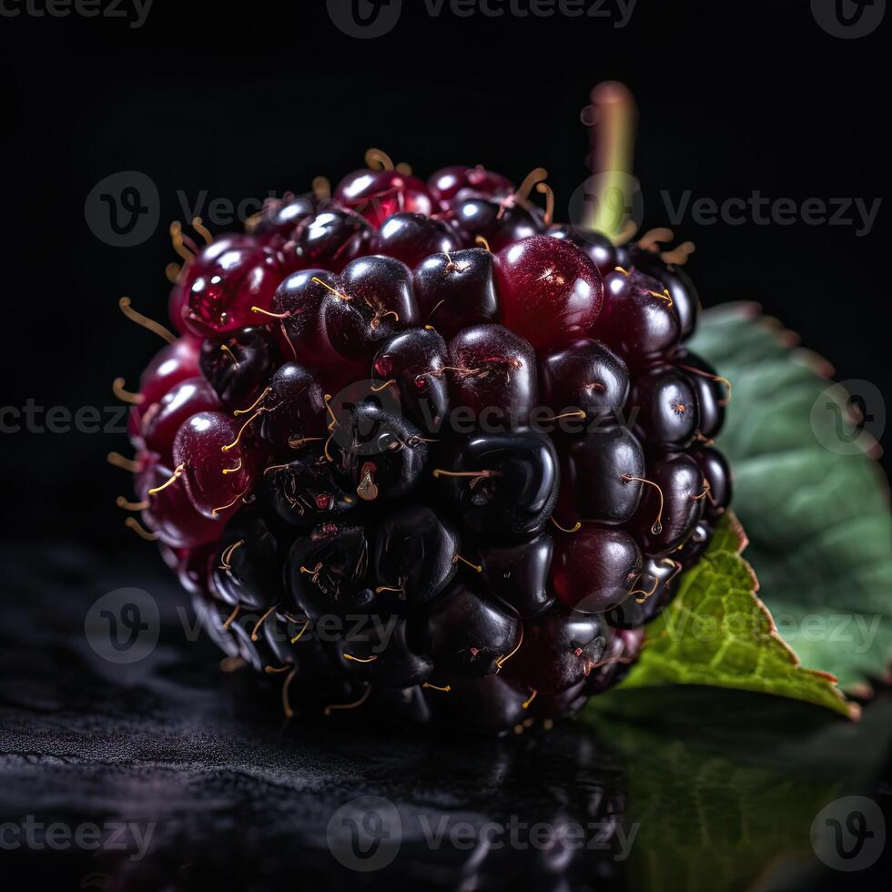 Striking Photography of Delicious Ripe Blackberry with Leaves on Dark Background. . photo