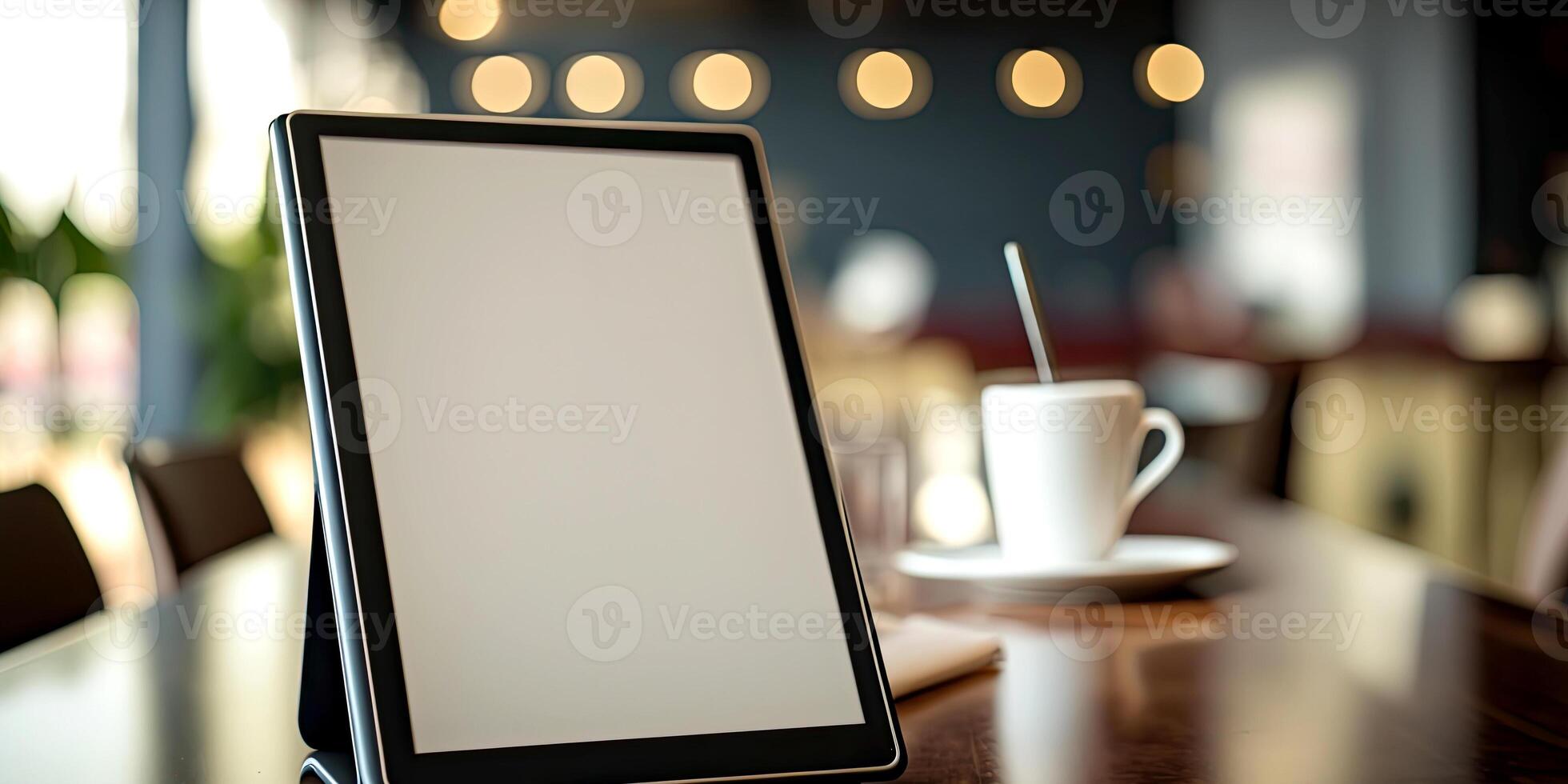 Realistic tablet mock-up for app presentations. The tablet Mockup from above lies slightly slanted on a wooden desk - photo