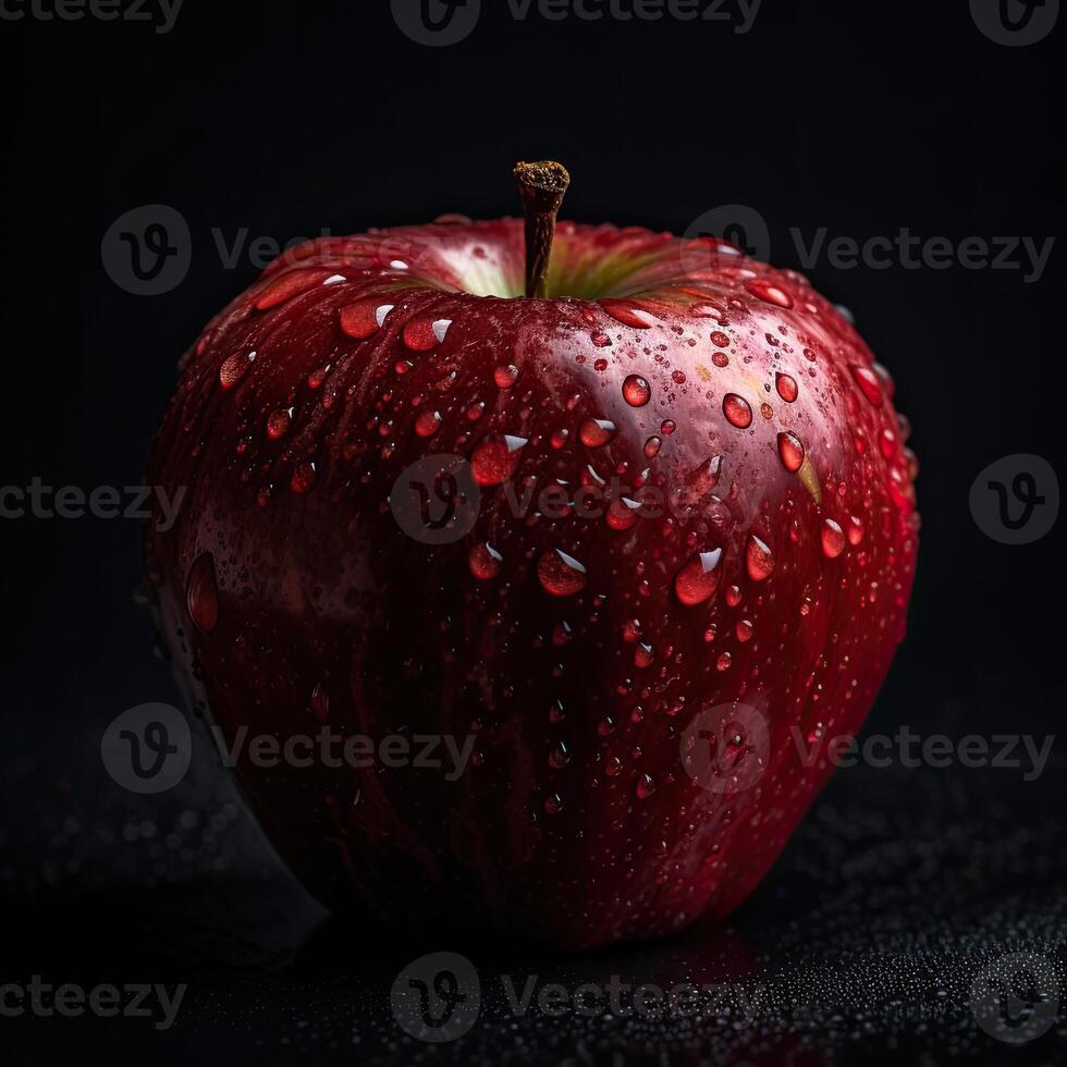 Striking Photography of Delicious Red Apple with Water Drops on Dark Background, . photo