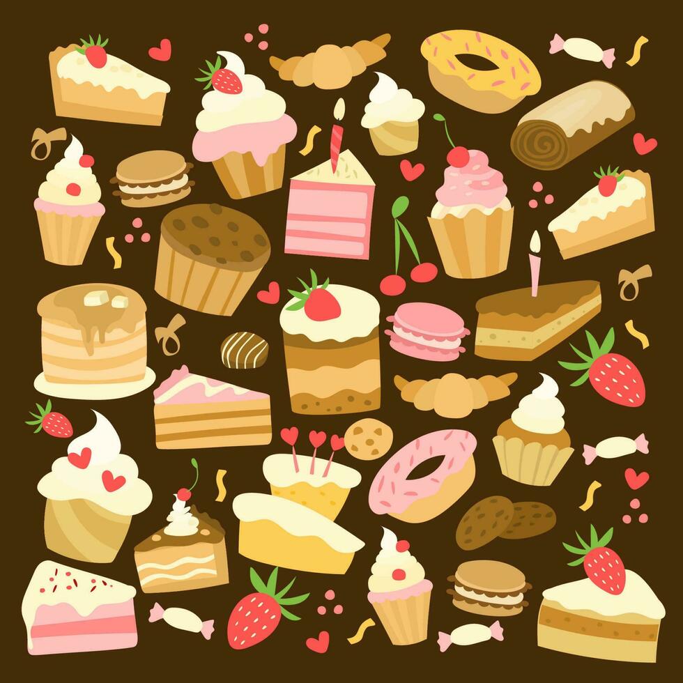 Sweet Treats Vector Illustration Set Decadent Desserts Collection.