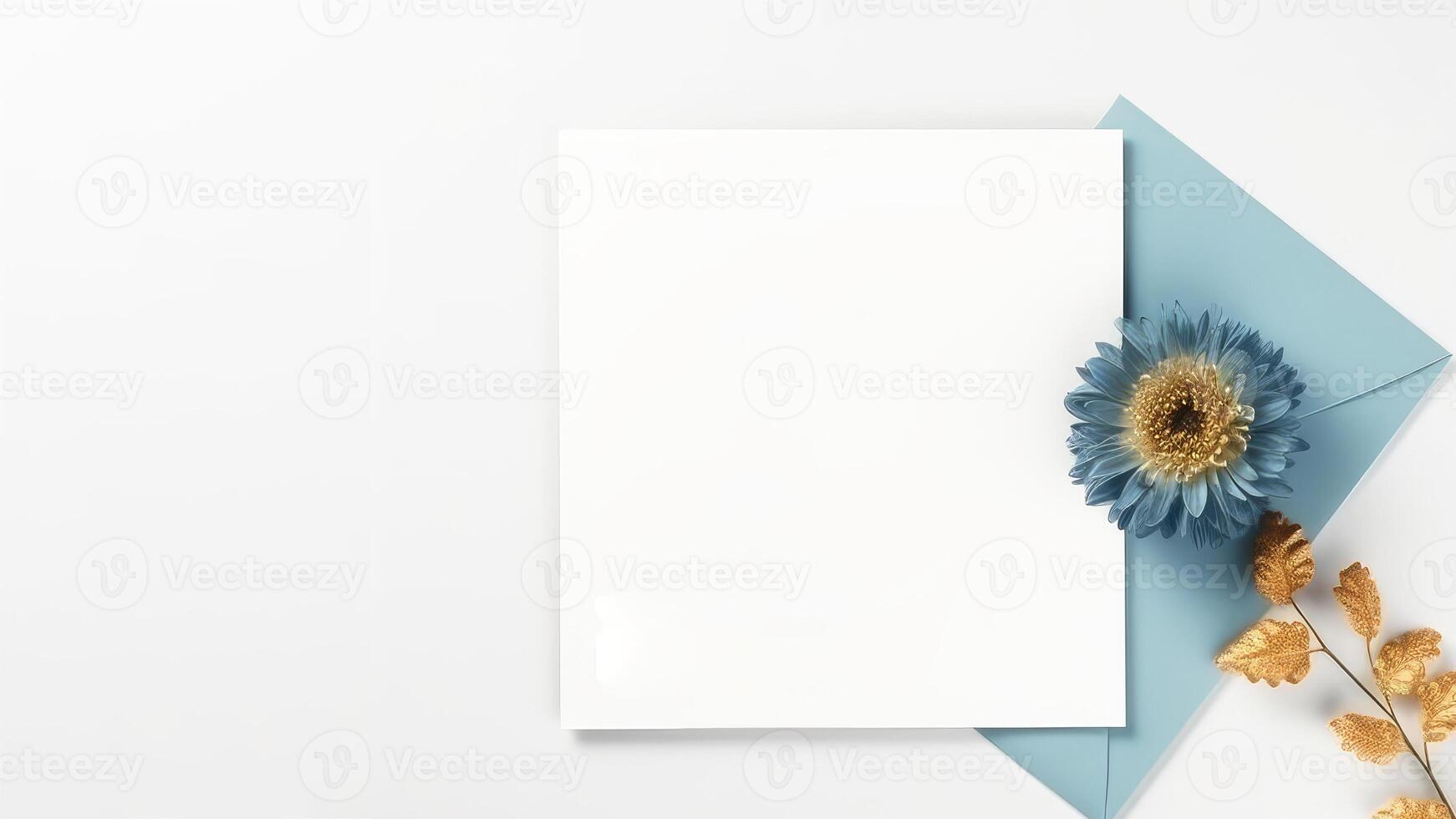Top View of Golden and Blue Elegance Flower Delicate Paper for Spring, Wedding Card Design and Space for Your Message. Illustration. photo