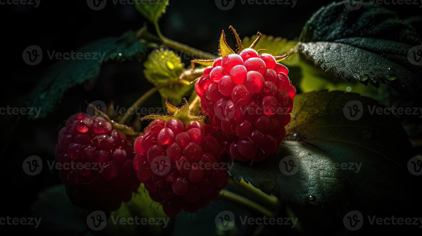 Juicy Fresh Raspberries with Green Leaves and Droplets of Water, Captivating Photograph Highlighting Unique Background. . photo