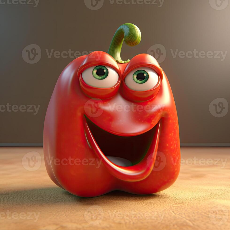 Pixar Style Cheerful Red Capsicum 3D Character on Shiny Brown Background. . photo