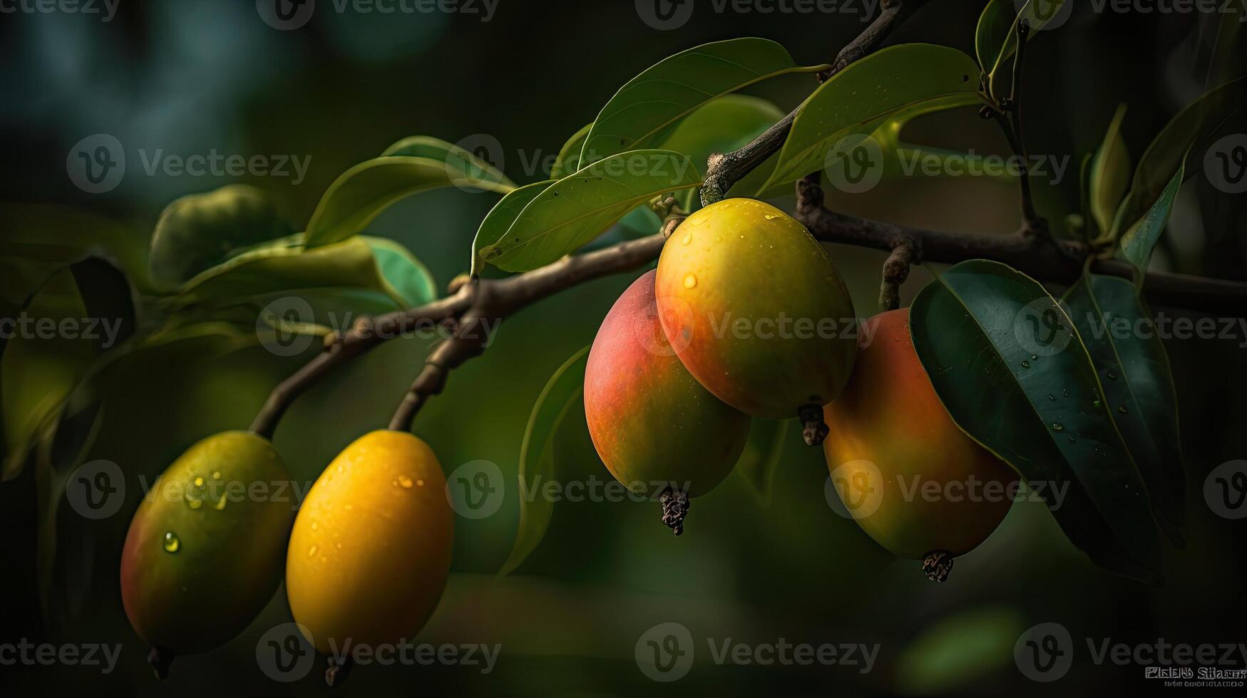 Beautiful Organic Background of Fresh Marian Plum, Mango or Plango on Branch and Water Droplets. Created By Technology. photo