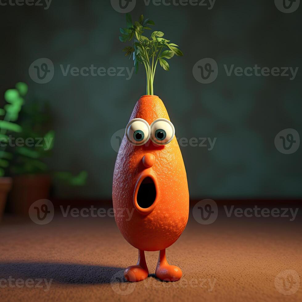 Pixar Style Open Mouth Carrot 3D Character with Potted Plant on Green and Brown Background. . photo
