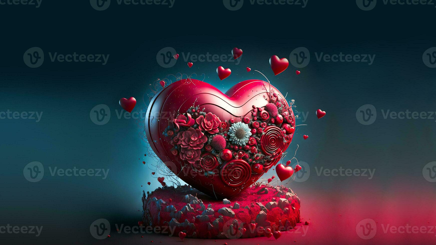 3d hacer de rojo corazón forma decorado con floral en podio. San Valentín día concepto. foto