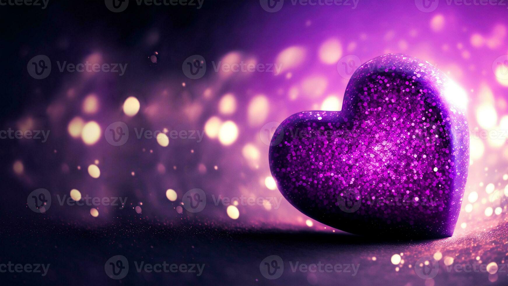 3D Render of Shiny Purple Glittery Heart Shape On Bokeh Lighting Background. Love Concept. photo