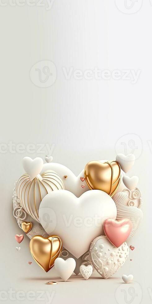 3D Rendering Heart Shapes In White, Golden, Pink Color. Creative Romantic Composition. photo