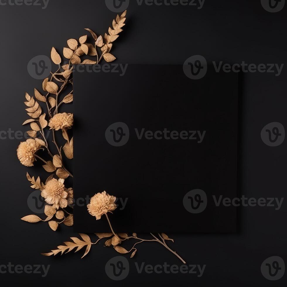 Autumnal Composition Border of Golden Flower and leaves Decorated Black Background. Party or Wedding Invitation Card Design. . photo