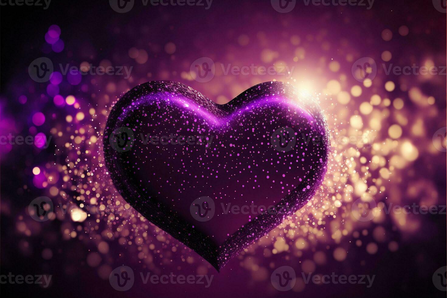 3D Render of Shiny Purple Glittery Heart Shape On Bokeh Lighting Background. Love Concept. photo