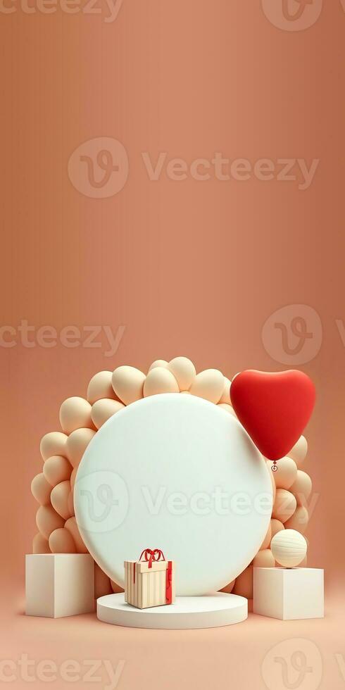 3D Render of Circular Frame Decorated With Balloons On Podium And Gift Box. photo