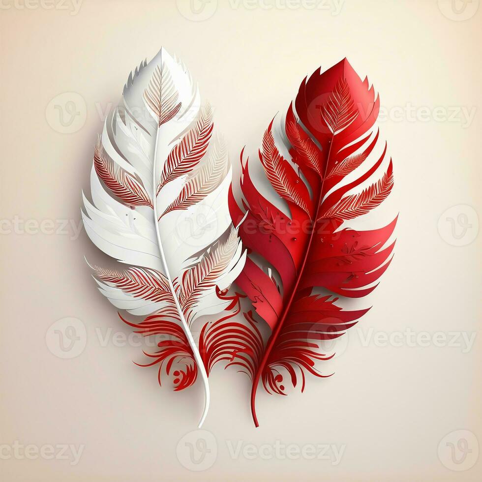 Realistic Beautiful Paper Feathers In White And Red Color. photo
